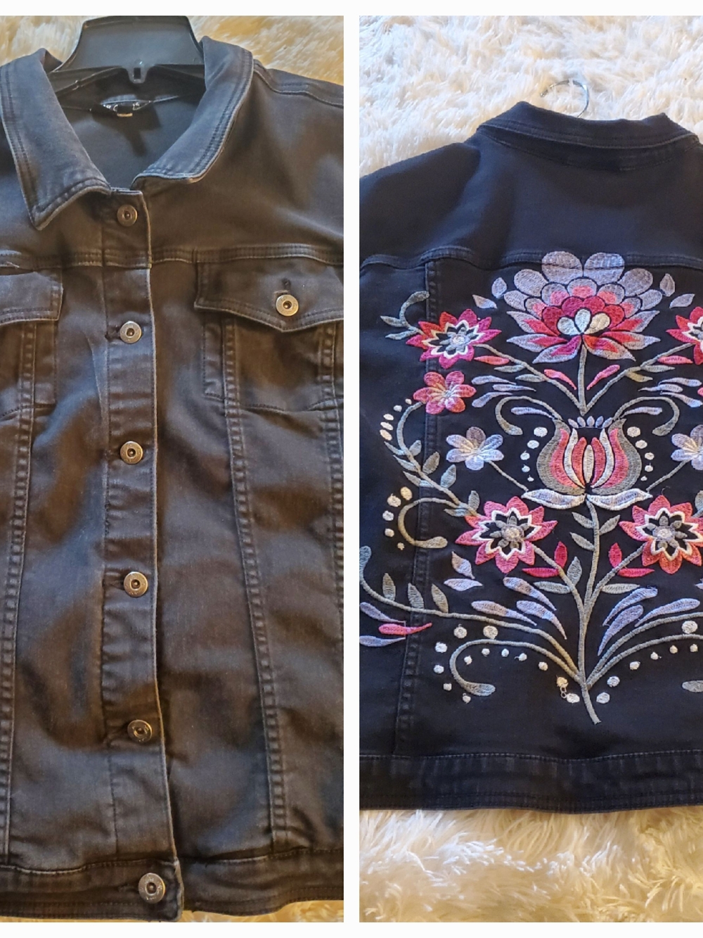 DG2 by Diane Gilman Black Denim Jacket with Pink & Purple Floral Embroidery
